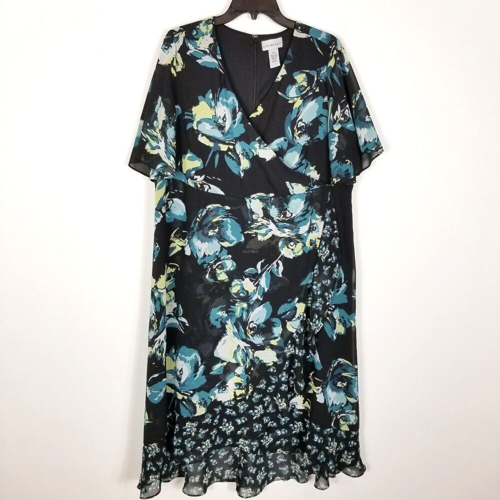 Catherines Women Plus Wrap Style‎ Floral Print Summer Midi Dress Sz 18W Blue